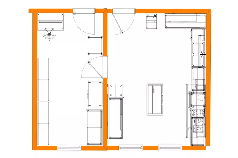 Grundriss der Großküchenplanung für das Schülergästehaus Groß-Gerau – Geräteaufteilung und Laufwege