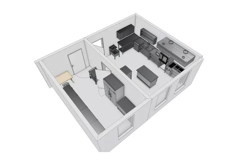 3D-Visualisierung der geplanten Großküche im Schülergästehaus Groß-Gerau – Regenerier- und Ausgabeküche