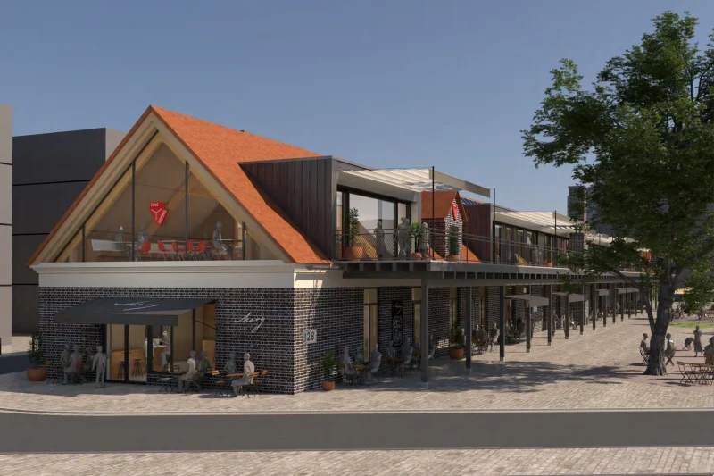 3D-Visualisierung der Seitenansicht mit belebter Außenzone, Außengastronomie, Fußgängern und moderner Klinkerfassade