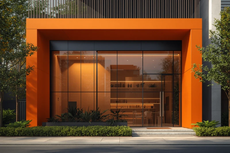 Moderne Gastronomie-Fassade in Orange – neue Pachtobjekte von raimannConcepts